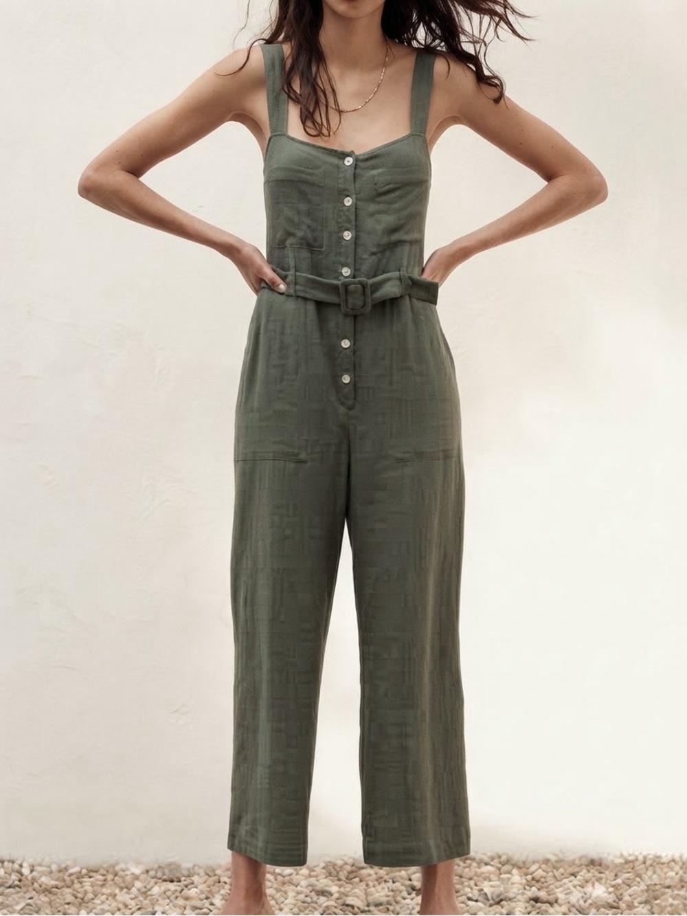 Zara The Maya Belted Muslin Wide Leg Jumpsuit Sage Green Size Small NWT